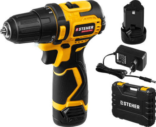 Дрель-шуруповерт CDB-120-2 в кейсе STEHER 12В 2АКБ (2Ач) бесщеточная