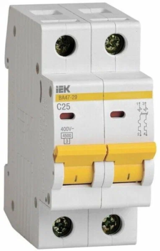 Выключатель автоматический двухполюсный 25А C ВА47-29 C 4.5кА IEK